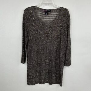 Peck & Peck Tunic XL Brown Metallic Crochet Embellished 3/4 Sleeve Top Boho